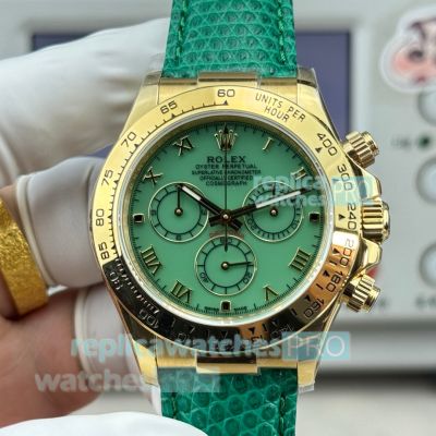 Swiss Replica Rolex Beach Daytona Green Roman Dial Leather Strap Watch 40mm 